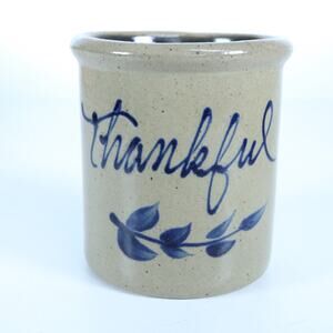 Rowe Pottery Thankful Stoneware Crock Leaves 4.5” Tall